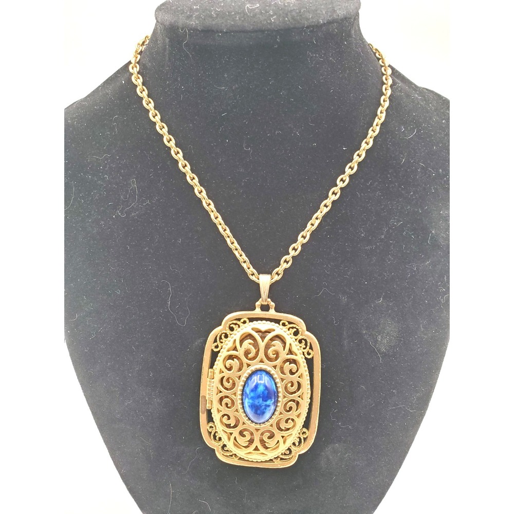 Vintage Avon Blue Stone Photo Locket Filigree Necklace Gold Tone 28"